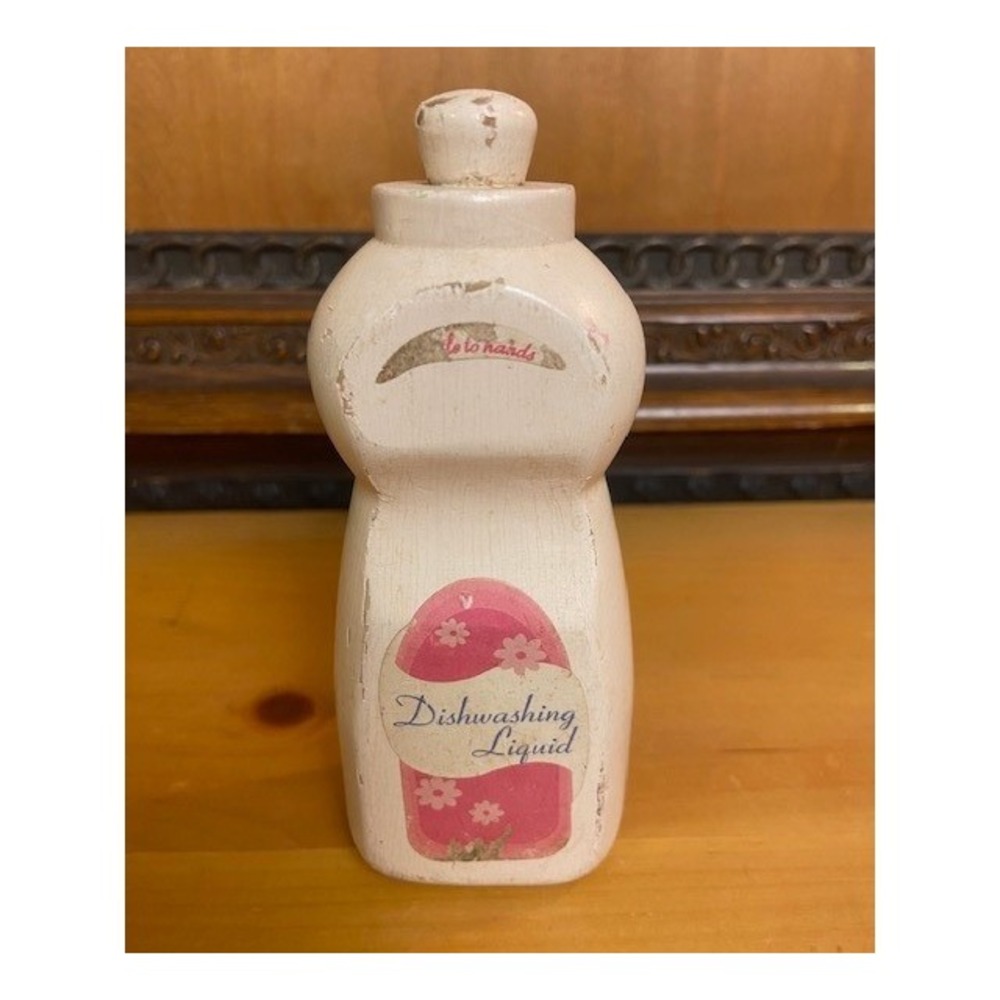 Vintage Wooden Play Food Dish Soap Bottle Pink Floral Label Kitchen Toy 5 Inch